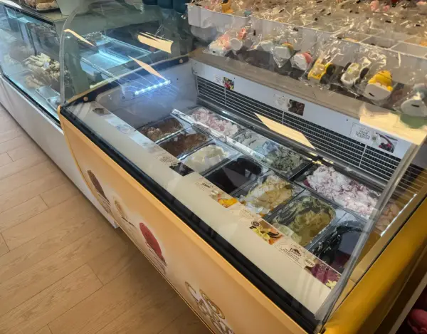 Vitrina de helados artesanales en La Artesana, Parla